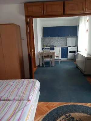 a room with a kitchen with a table and a dining room at Vila Verica in Vrnjačka Banja