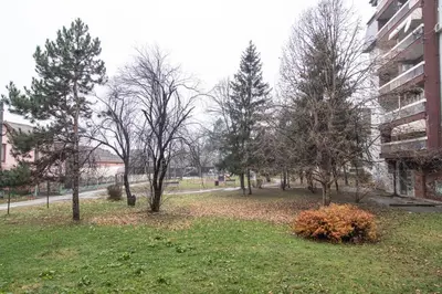 a park with trees next to a building at Apartman TWO in Magnohrom