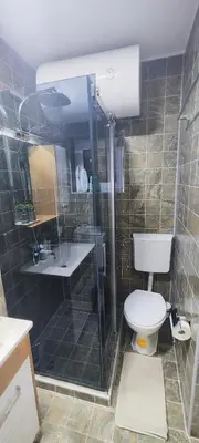 a bathroom with a shower with a toilet and a sink at Marinkovic 2 stan na dan in Vranje