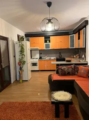 a living room with a couch and a kitchen at Jordan Apartman in Niška Banja