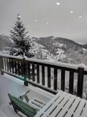 a snow covered bench on a balcony with a tree at Apartment Panorama 3 in Kopaonik
