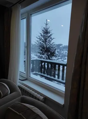 a room with a window with a christmas tree on a balcony at Apartment Panorama 3 in Kopaonik