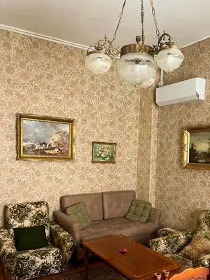a living room with a couch and chairs and a chandelier at Apartment Milinkovic in Niška Banja