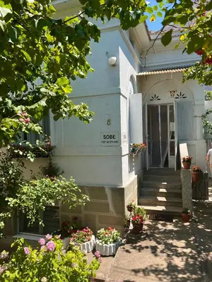 a blue house with flowers and plants in front of it at Apartment Milinković 2 in Kovanluk