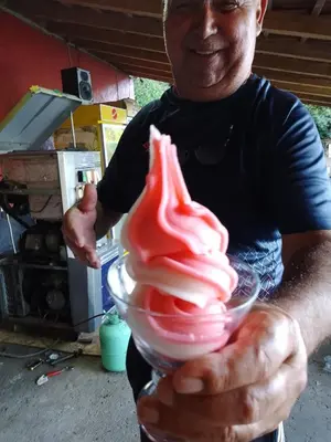 a man holding a bowl of red ice cream at Krčma u Planini in Bojnik