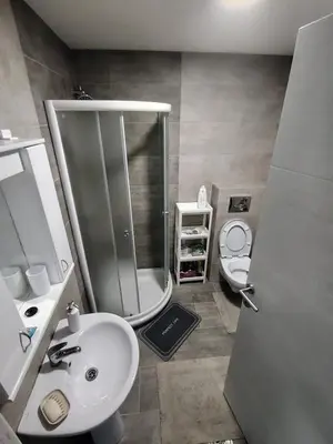 a bathroom with a sink and a shower and a toilet at S&B Apartman Vrnjačka Banja in Vrnjačka Banja