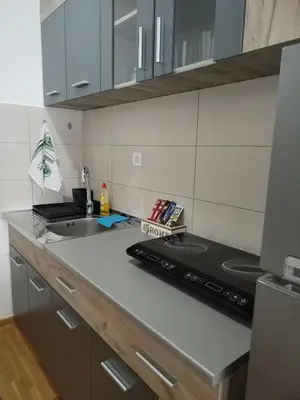 a kitchen with a stove and a sink at S&B Apartman Vrnjačka Banja in Vrnjačka Banja