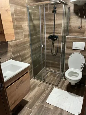 a bathroom with a shower and a toilet and a sink at Grand Apartman Kopaonik in Kopaonik