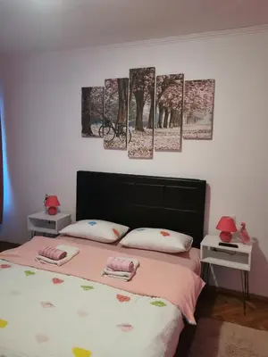 a bedroom with a bed with three paintings on the wall at Apartman Aki in Pirot