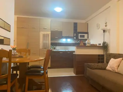 a living room and kitchen with a table and a couch at Jolly Kop PetkoSKI Apartman in Kopaonik