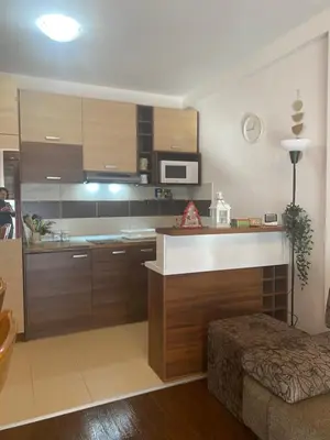 a kitchen with wooden cabinets and a counter top at Jolly Kop PetkoSKI Apartman in Kopaonik