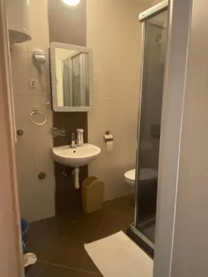 a bathroom with a sink and a shower and a toilet at Jolly Kop PetkoSKI Apartman in Kopaonik