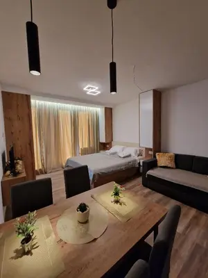a living room with a dining table and a bedroom at Kopaonik apartment A05 in Kopaonik