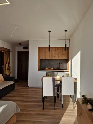 a kitchen and dining room with a table and chairs at Kopaonik apartment A05 in Kopaonik