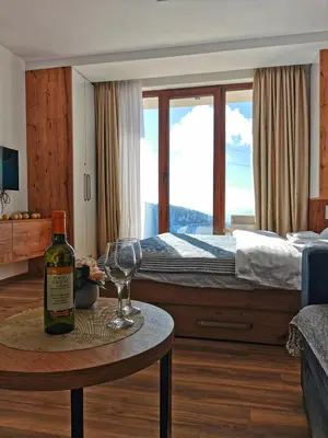 a bottle of wine on a table in a bedroom at Kopaonik apartment A05 in Kopaonik