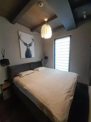 a bedroom with a large bed with a deer picture on the wall at Stefany in Kopaonik