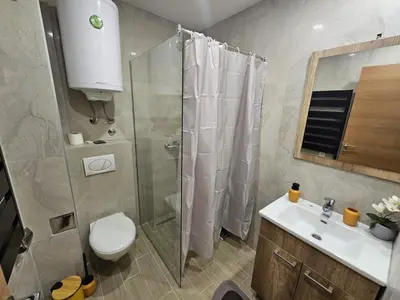 a bathroom with a shower and a toilet and a sink at Apartman Košuta-Prezident in Kopaonik