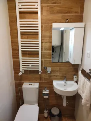 a bathroom with a toilet and a sink and a mirror at Boho style in Jagodina