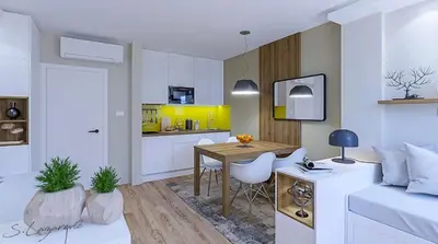 a kitchen and a living room with a table and a couch at Frosty Peaks Apartment in Kopaonik