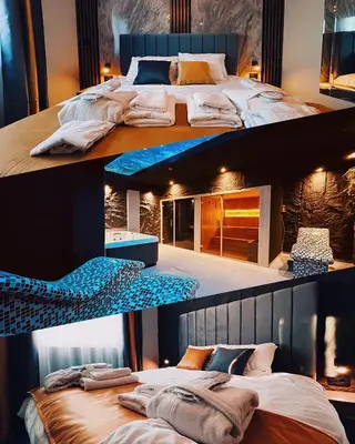 a bedroom with two beds and a fireplace at MOZAIK APARTMENTS & SPA - Modern 4-Star Apartments with Exclusive Private SPA WELLNESS in the City Center - SAUNA, JACUZZI, TURKISH BATH - FREE PARKING, Wi-FI - Rooms & Apartments Cuprija in Ćuprija