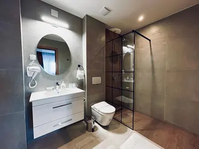 a bathroom with a toilet and a sink and a shower at MOZAIK APARTMENTS & SPA - Modern 4-Star Apartments with Exclusive Private SPA WELLNESS in the City Center - SAUNA, JACUZZI, TURKISH BATH - FREE PARKING, Wi-FI - Rooms & Apartments Cuprija in Ćuprija