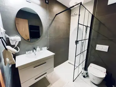 a bathroom with a sink and a mirror and a toilet at MOZAIK APARTMENTS & SPA - Modern 4-Star Apartments with Exclusive Private SPA WELLNESS in the City Center - SAUNA, JACUZZI, TURKISH BATH - FREE PARKING, Wi-FI - Rooms & Apartments Cuprija in Ćuprija