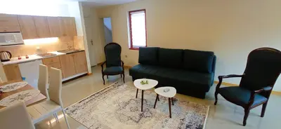 a living room with a couch and two chairs and a table at Apartmani Vujanac in Kopaonik