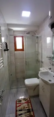 a bathroom with a toilet and a shower and a sink at Apartmani Vujanac in Kopaonik