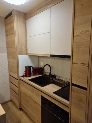 a small kitchen with a sink and a stove at Apartman 318 - Sunčana Planina in Kopaonik