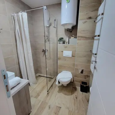 a bathroom with a toilet and a glass shower at PIK Apartmani - Milmari in Kopaonik