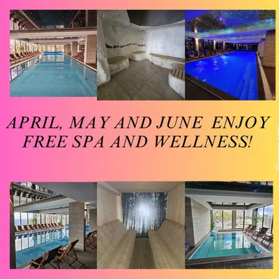 a collage of photos with a swimming pool and the words april may at PIK Apartmani - Milmari in Kopaonik