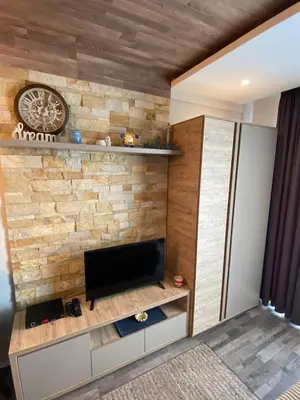 a living room with a tv and a brick wall at Apartman Adut Kop. in Kopaonik