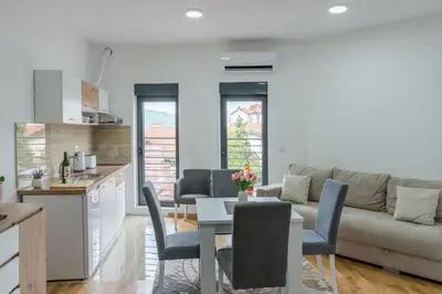 a kitchen and living room with a couch and a table at Apartmani Central 11 & Free parking in Vrnjačka Banja
