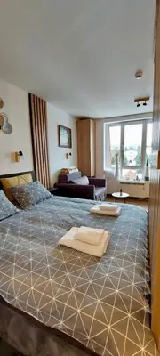 a bedroom with a large bed with two towels on it at Apartman Jovanovic,Kopaonik in Kopaonik