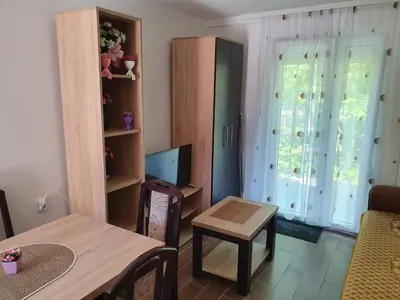 a living room with a table and a television at Smeštaj Miki 2 in Soko Banja