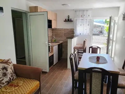 a living room with a table and a kitchen at Smeštaj Miki 2 in Soko Banja