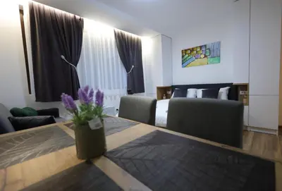 a room with a table and chairs and a bed at King apartments Kopaonik in Kopaonik