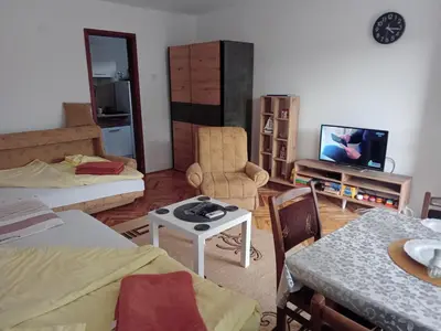 a living room with two beds and a table and a tv at Apartman Nedeljković in Vrnjačka Banja