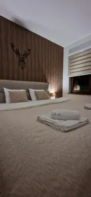 a hotel room with two beds with towels on them at Glečer Kop A11 FREE Parking Garage in Kopaonik