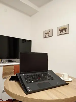 a laptop computer sitting on top of a wooden table at Glečer Kop A11 FREE Parking Garage in Kopaonik
