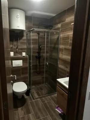 a bathroom with a shower and a toilet and a sink at Apartment KopaLux in Kopaonik