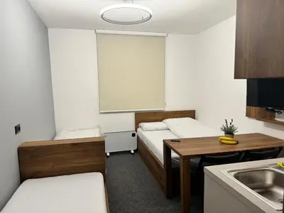 a small room with two beds and a table at Studio Pablo Vila Bela Reka in Brzeće