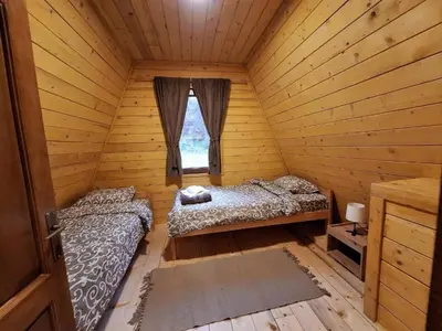 two beds in a wooden room with a window at Brvnare Todorovic in Crni Vrh
