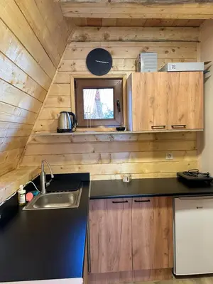 a kitchen with wooden cabinets and a sink at Brvnare Todorovic in Crni Vrh