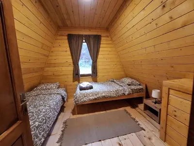 two beds in a wooden room with a window at Brvnare Todorovic in Crni Vrh