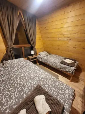 a room with two beds in a wooden room at Brvnare Todorovic in Crni Vrh