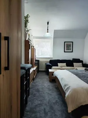 a bedroom with two beds and a couch at Milano Apartman **** in Brzeće