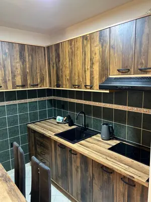 a kitchen with wooden cabinets and a sink at LP Premium Studio in Niš