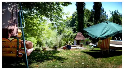 a green umbrella sitting in the grass next to a yard at Zvezdano nebo in Svrljig