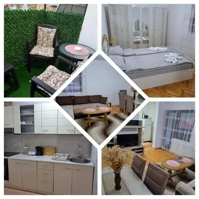 a collage of photos of a living room and a bedroom at Apartman Magic in Soko Banja